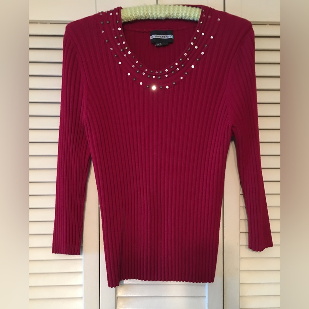 Red three quarter length sleeve XL sweater with sequin embellishments at neck.